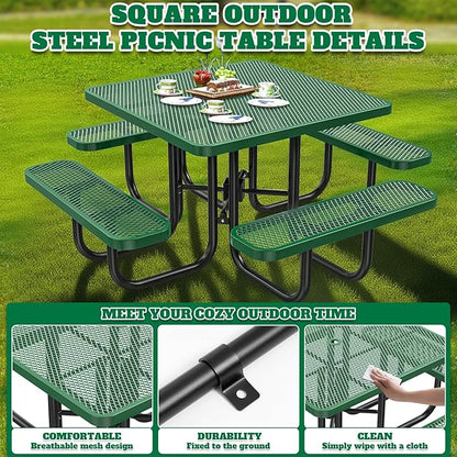 47'' Heavy-Duty Metal Picnic Tables with Umbrella Hole, Outdoor Steel Heavy Duty Commercial Grade Black Table, Outdoor Bench Set for Lawn, Patio, Park, Yard, Garden, Porch (Set C, Square)