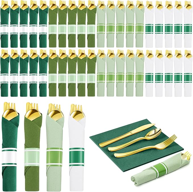 Lasnten 50 Pcs Pre Rolled Sage Green Plastic Silverware Sets for 50 Guest Disposable Plastic Cutlery Set with Napkins for Birthday Wedding Party Supplies