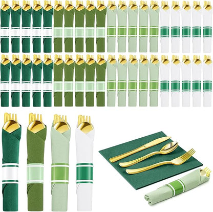 Lasnten 50 Pcs Pre Rolled Sage Green Plastic Silverware Sets for 50 Guest Disposable Plastic Cutlery Set with Napkins for Birthday Wedding Party Supplies