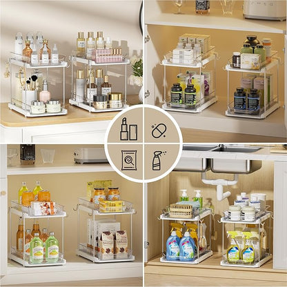Delamu 2 Tier Bathroom Under Sink Organizers and Storage with Hook, Multi-Purpose Cabinet Drawers with Movable Dividers, Pull Out Organization for Countertop, Kitchen and Pantry(White, 2 Pack)