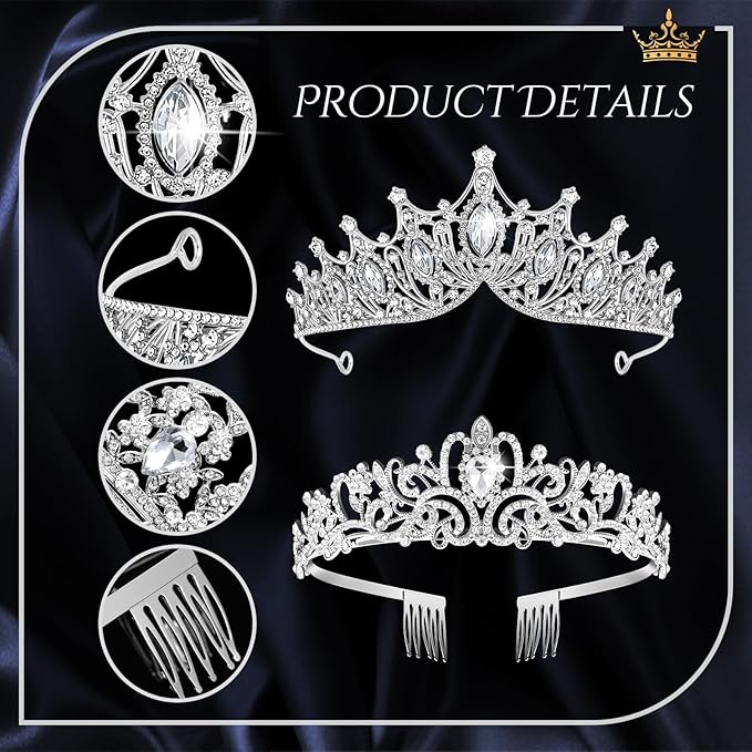 Kigeli 4 Pack Queen Crowns for Women Pageant Crown with Combs Princess Rhinestones Tiara Headband Prom Tiara for Quinceanera Birthday Cosplay Wedding(Silver)