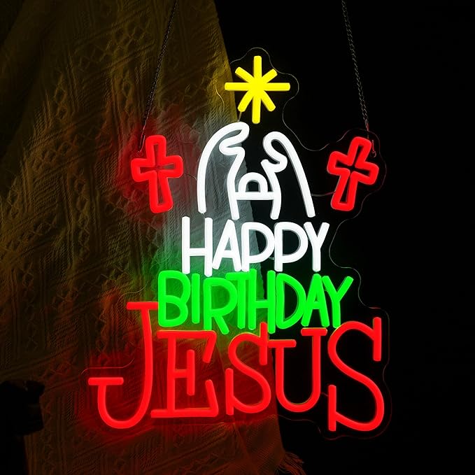 Happy Birthday Jesus Neon Sign for Christmas Decor Cross Neon Light Sign Dimmable USB Led Christian Religious Neon Wall Decor for Church Home Nativity Scene Faith-Based Holiday Gift