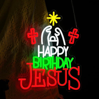 Happy Birthday Jesus Neon Sign for Christmas Decor Cross Neon Light Sign Dimmable USB Led Christian Religious Neon Wall Decor for Church Home Nativity Scene Faith-Based Holiday Gift