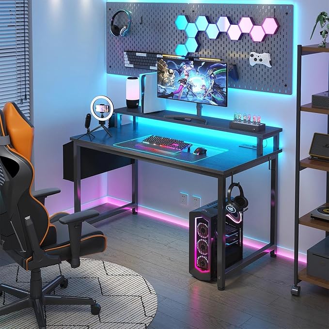 Lufeiya Black Gaming Desk with LED Lights and Power Outlets, 40 Inch Teen Writing Study Table Home Office Desks with Monitor Stand, Computer Desk with Charging Station USB Port, Black