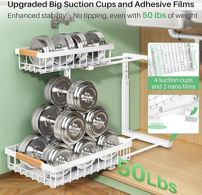 Kitstorack Under Sink Organizer, 2 Tier Under the Sink Storage, Slide out Pull out Cabinet Organizer Shelf, Metal Sliding Drawer for Kitchen Bathroom Pantry Closet Organization Rack, White, 2 Pack
