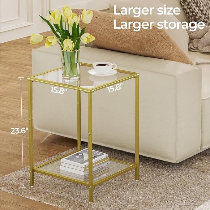 Side Tables Set of 2, End Table with Tempered Glass, 2-Tier Nightstands with Storage Shelves, Coffee Table with Modern Style, Square Sofa Table for Living Room, Bedroom, 15.7"D x 15.7"W, Gold