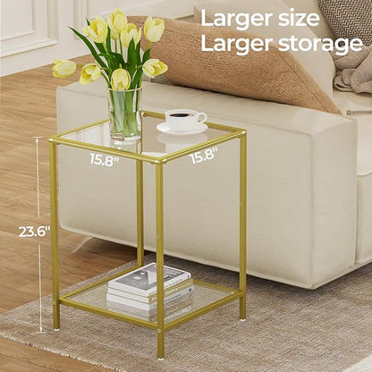 Side Tables Set of 2, End Table with Tempered Glass, 2-Tier Nightstands with Storage Shelves, Coffee Table with Modern Style, Square Sofa Table for Living Room, Bedroom, 15.7"D x 15.7"W, Gold