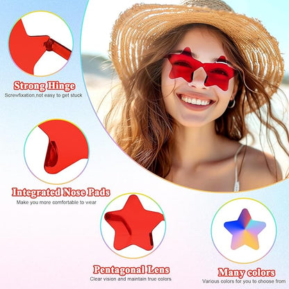NACHLYNN 24 Pcs Rimless Star Shaped Sunglasses Red Transparent Sunglasses Pentagram Glasses Christmas Costumes Cosplay