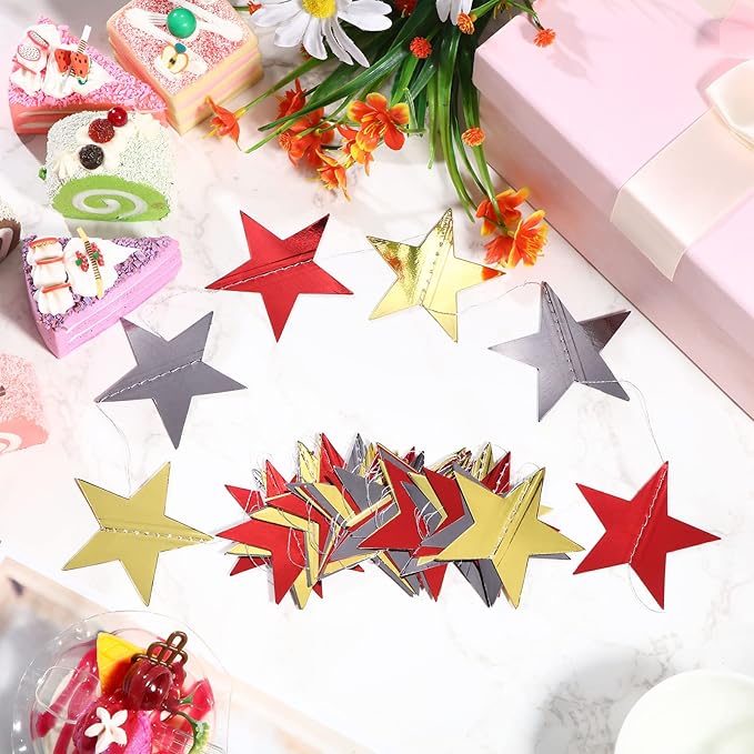 Patelai Glitter Star Garland Banner Christmas Decor 130 Feet Star Hanging Bunting Banner Twinkle Backdrop for Homecoming Classroom Wedding Birthday Halloween Party Supplies(Red, Black, Gold)
