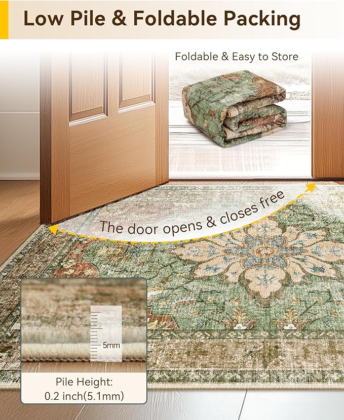 Area Rugs 3'x5' Washable Non-Slip, Floral Vintage Distress Print Pattern Medallion Carpet for Living Room Bedroom Dining Room, Brick Red Rust Neutral Brown Burnt Orange Green