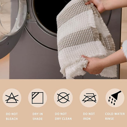 Waffle Bath Mat Non Slip, Boho Bathroom Rug, Super Absorbent Quick Dry Bathroom Mat, Soft Farmhouse Bath Rug with Tassels, Small Washable Shower Mats for Floor 20"x32", White and Taupe