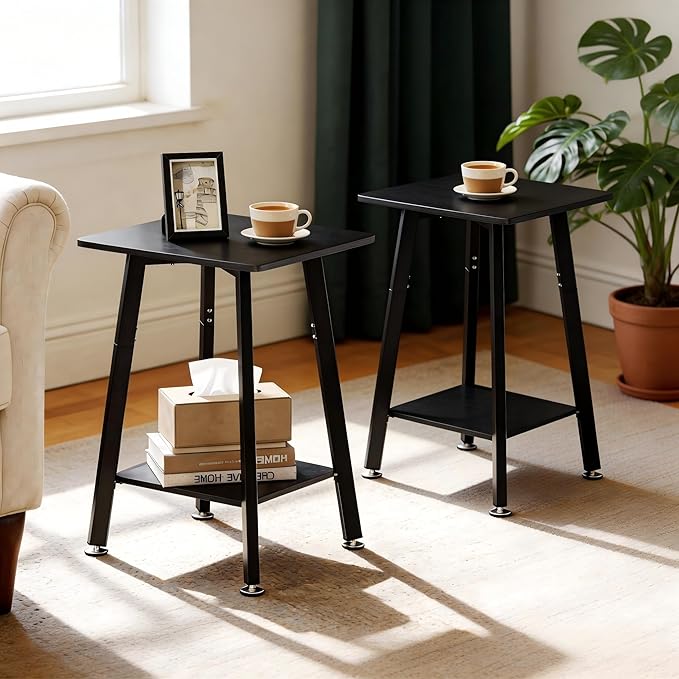 King Oasis Set of 2 2-Tier End Tables, Wooden Side Tables with Storage Shelves, Sturdy Couch Sofa Side Tables for Living Room Bedroom,Black