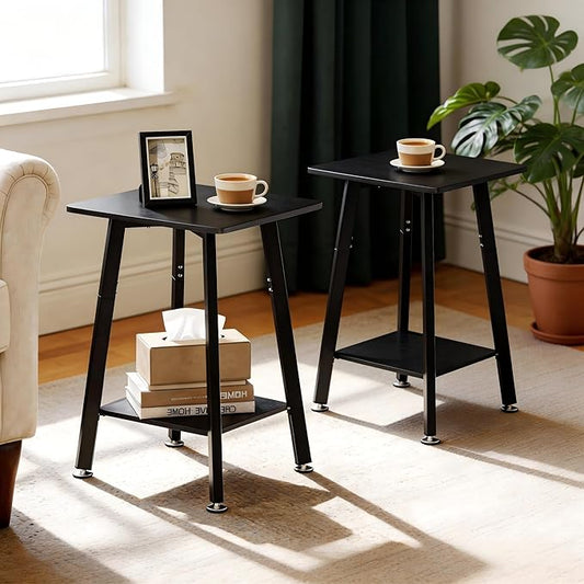 King Oasis Set of 2 2-Tier End Tables, Wooden Side Tables with Storage Shelves, Sturdy Couch Sofa Side Tables for Living Room Bedroom,Black