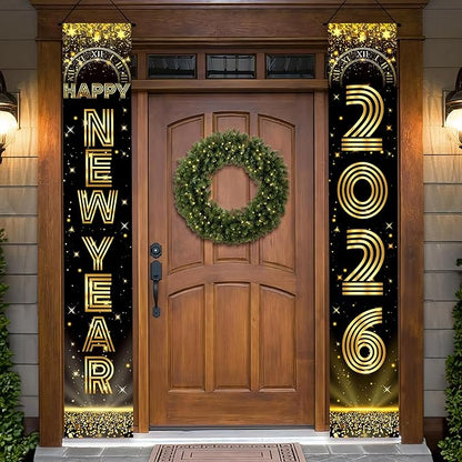 KatchOn, Large Happy New Years Door Banner 2026-72x12 Inch | Black and Gold Hanging Porch Sign | Happy New Year 2026 Banner | New Years Eve Party Supplies for Outdoor, Indoor | Home Wall Decor