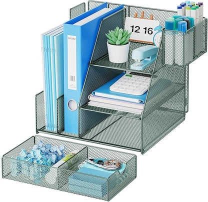 Marbrasse Desk Organizer and Accessories, 3-Tier File Organizer with Drawer and Pen Holder, Small Desktop Organizer and Storage for Workspace Office Supplies Green