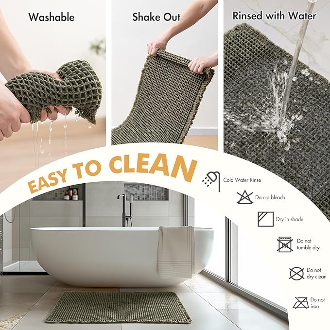MIULEE Set of 2 Waffle Bathroom Rugs, Boho Bath Rugs Non Slip Washable, Super Absorbent Bath Mats, Ultra Soft Rubber Backed Shower Mats for Bathroom Floor, Tub, Green, 17"x24"+17"x48"