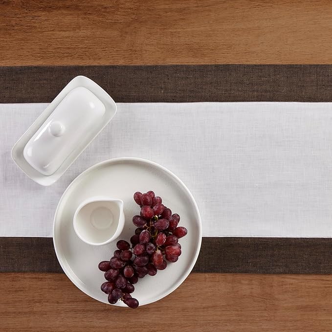 Solino Home Linen Table Runner 36 Inches - 100% Pure Linen Chambray Brown and White Short Table Runner 14 x 36 Inch Ideal for Dresser and Coffee Tables - Contempo