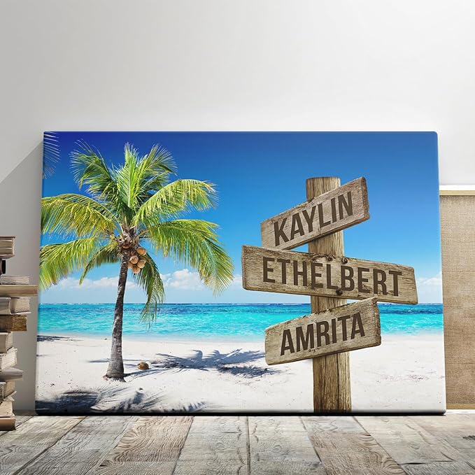 DemCanvas Custom Family Names on Rustic Directional Sign Housewarming & Customized Names Decor, Custom Wooden Signs Family Canvas, Ocean and Coconut Tree, Street Sign Canvas