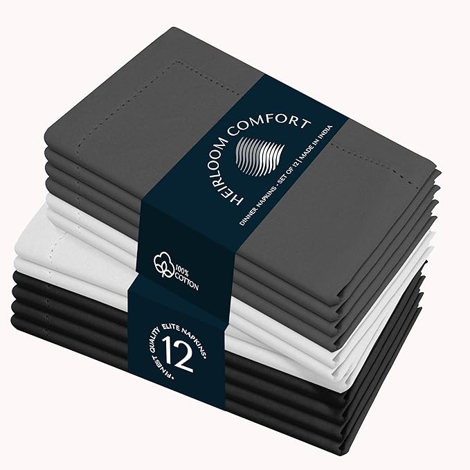 Multi Color Cloth Napkins 18x18 Inch - Set of 12-100% Cotton, Soft, Absorbent - Perfect Hotel Quality Napkin for Table, Dinner, Weddings, Everyday Dining - White, Grey, Black