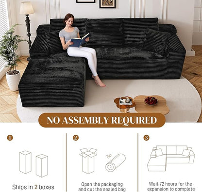 108" L Shaped Boneless Sectional Couches for Living Room, Wide Armrest, Deep Seat, Memory Foam, Assembly Free, Modern Comfy Corduroy Fluffy Cloud Sofa with Left Chaise, Black