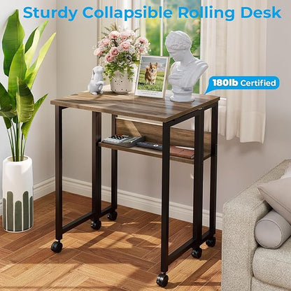 GreenForest Folding Desk Small Rolling Desk with Storage Shelf,31.5 inch Foldable Computer Desk with Wheels for Small Space,Easy Assembly,Grey Wash