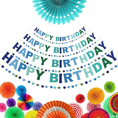 2 PCS Pre-Strung 3D Felt Happy Birthday Banner - Reusable Blue and Green Happy Birthday Decorations Sign,Handmade Wool Felt Ball Garland, Pom Pom Garland, Party Decor, Photo Prop