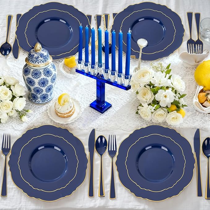 WDF 180PCS Blue Plastic Silverware -Blue and Gold Plastic Cutlery 60 Forks, 60 Knives, 60 Spoons - Heavy Duty Disposable Silverware for Party/Wedding/Hanukkah
