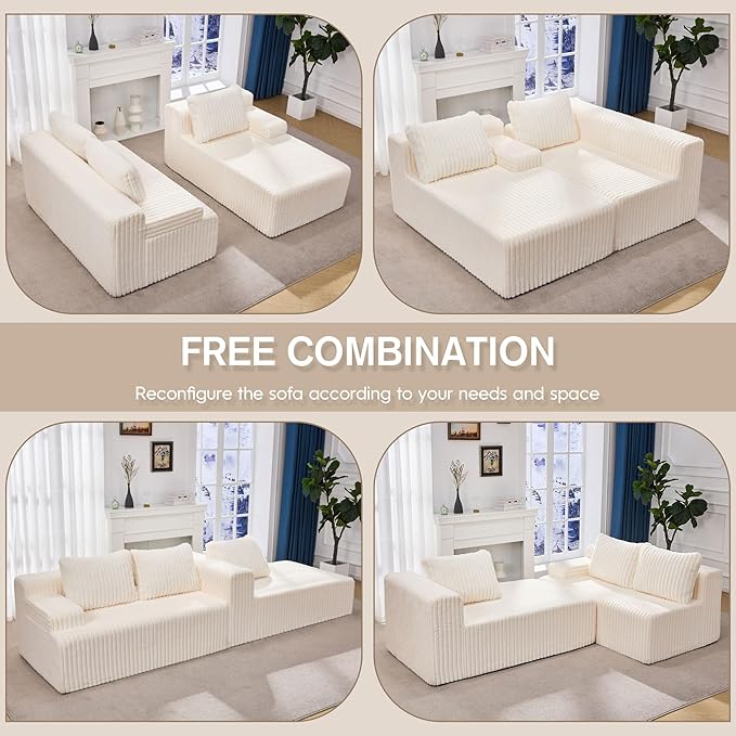Hobestluk Modular Sectional Sofa Couches L-Shape Couch 3 Seat Modular Sofa Memory Foam Sectional Couches for Living Room, Cloud Couch with Oversized Chaise (108" Right Facing Chaise)