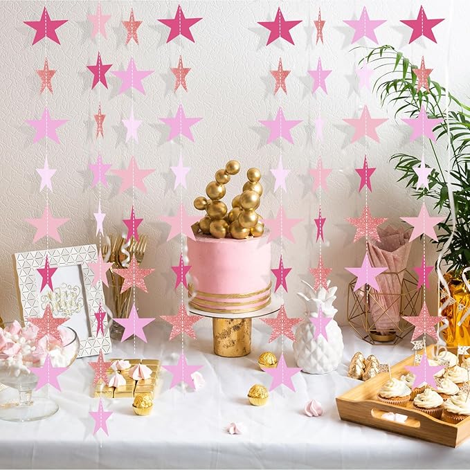 Patelai Glitter Star Garland Banner Christmas Decor 130 Feet Star Hanging Bunting Banner Twinkle Backdrop for Homecoming Classroom Wedding Birthday Halloween Party Supplies(Pink,Purple)