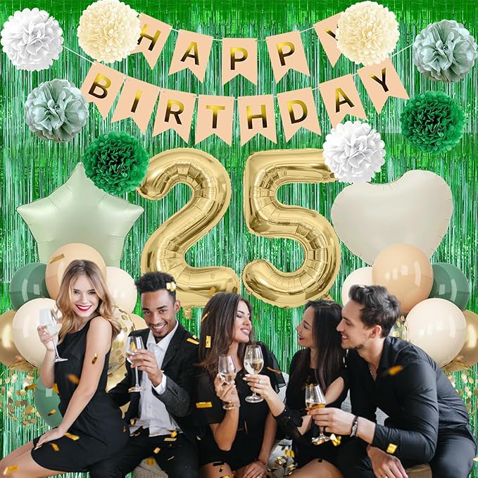 Sage Green 25th Birthday Decorations for Him Gold Number 25 Balloon Nude Gold Happy Birthday Banner Fringe Curtain Paper Pom Poms Olive Green Cream White Sand Star Foil Balloons Party Decor