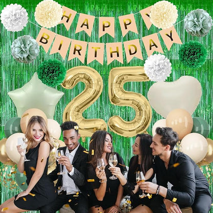 Sage Green 25th Birthday Decorations for Him Gold Number 25 Balloon Nude Gold Happy Birthday Banner Fringe Curtain Paper Pom Poms Olive Green Cream White Sand Star Foil Balloons Party Decor