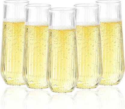 Goodluck 24pack Clear Disposable Champagne Flutes，9oz Stemless Champagne Flutes,Stemless Disposable Clear Plastic Toasting Glasses for Weddings, Birthday Parties, Family Gatherings, Bars etc
