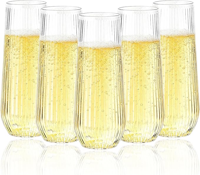 Goodluck 48pack Clear Disposable Champagne Flutes，9oz Stemless Champagne Flutes,Stemless Disposable Clear Plastic Toasting Glasses for Weddings, Birthday Parties, Family Gatherings, Bars