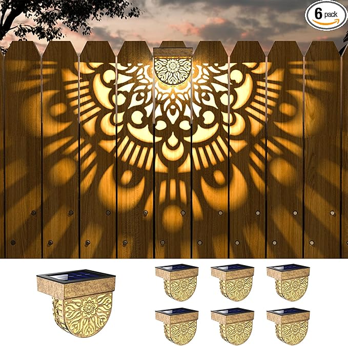 6 Pack Solar Fence Lights Outdoor Wall Lights Plastic Solar Powered Deck Step Stair Lights Moon Theme Waterproof Fence Solar Light for Garden Post Patio Backyard Yard Decor (Gold, 6 Pack)