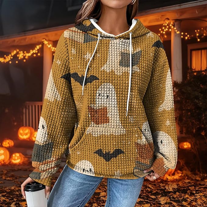 Halloween Sweatshirts for Women Novelty Graphic Drawstring Waffle Hoodies Loose Casual Pullover Tops with Pocket