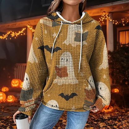Halloween Sweatshirts for Women Novelty Graphic Drawstring Waffle Hoodies Loose Casual Pullover Tops with Pocket