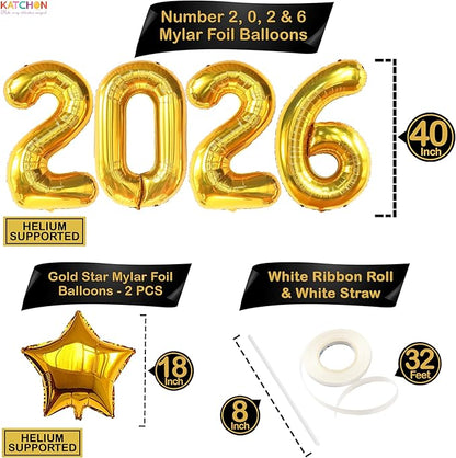 Katchon, Giant Gold 2026 Balloons - 40 Inch | Star Foil Balloons and Gold 2026 Balloon Number for New Years Decorations 2026 | NYE Decorations | New Year Balloon | New Years Eve Party Supplies 2026