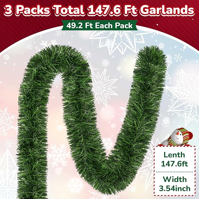 150 ft Green Christmas Garland Decorations Artificial Greenery 3.5" Wide Pine Garland PVC Soft Christmas Decorations for Indoor Outdoor Tree Stair Banister Fireplaces, 3 Pcs, 49 ft Each