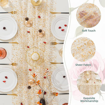 3 Pcs Gold Table Runners, 28In x 10 Ft Sheer Chiffon Tulle Cheesecloth with Glitter Metallic Foil, Golden Sequin Gauze Runner for Wedding, Birthday, Baby Shower, Anniversary Party Decor, Lace