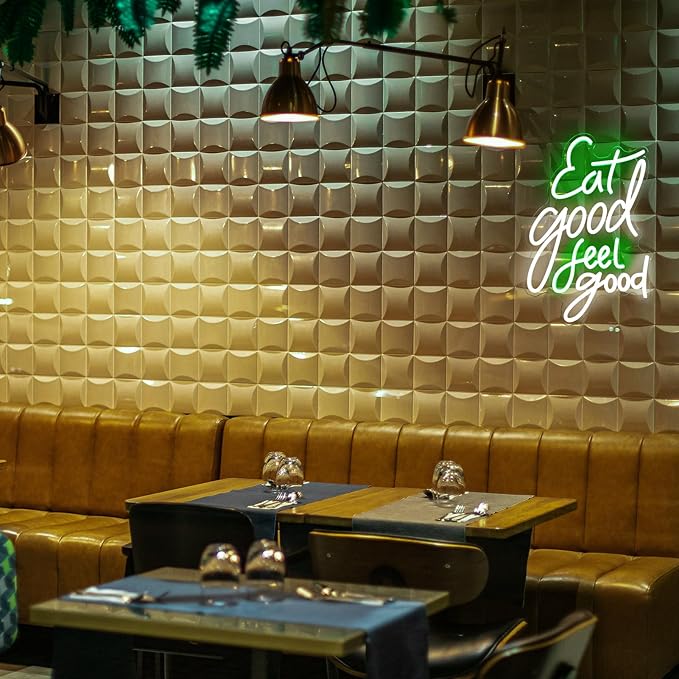 Eat Good Feel Good Neon Sign Green White Letter LED Neon Light Sign Food Neon Signs for Wall Decor Health LED Sign Dimmable Light Up Signs for Restaurant Kitchen Snack Shop Party Decor