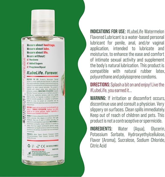 LubeLife Water-Based Watermelon Flavored Lubricant, Personal Lube for Men, Women and Couples, Made Without Added Sugar, 8 Fl Oz