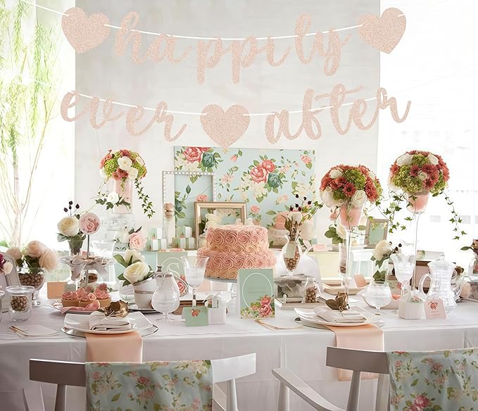 Pre-Strung Happily Ever After Banner - Rose Gold Glitter Bachelorette Bridal Engagement Party Decoration Supplies, Bachelorette Wedding Party Banner for Engagement, Bridal Shower, Wedding Party Photo Booth Props
