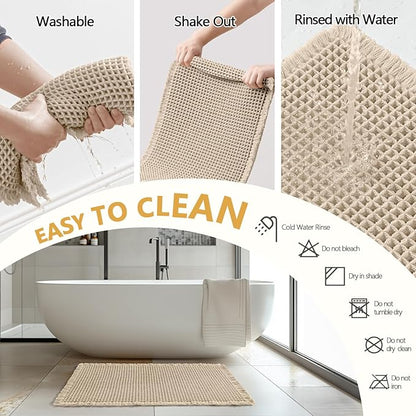 MIULEE Set of 2 Waffle Bathroom Rugs, Boho Bath Rugs Non Slip Washable, Super Absorbent Bath Mats, Ultra Soft Rubber Backed Shower Mats for Bathroom Floor, Tub and Shower, Pale Beige, 17x24 Inch