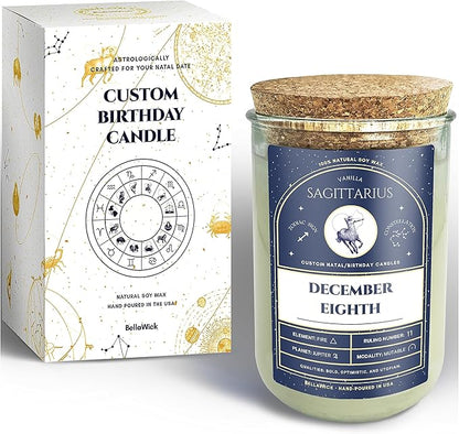 Birthday Candles - Custom Birthdate Astrological Zodiac Scented Candles. Astrology Gifts. All Natural Soy Wax. 75+ Hour Burn Time. Made in USA - December 8