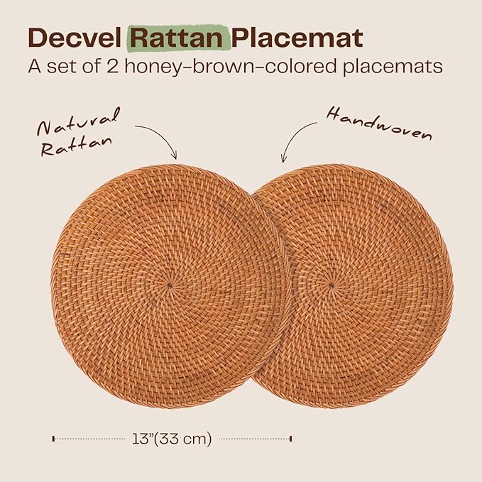 2-Pack Rattan Placemats - 13-inch Round Placemats (Honey Brown) - Woven Place Mats, Round Table Mats - Wicker Chargers for Dinner Plates, Plate Chargers Boho - Rattan Decor, Kitchen Table Decor