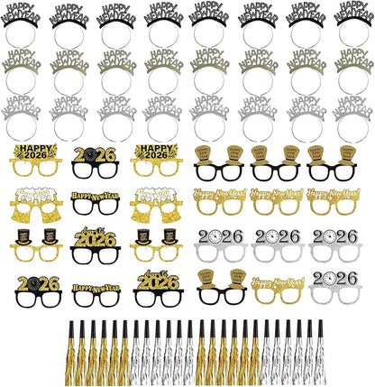 78PCS New Years Eve Party Supplies 2026,Happy New Year Headband,Glasses,Noise Makers Party Favors