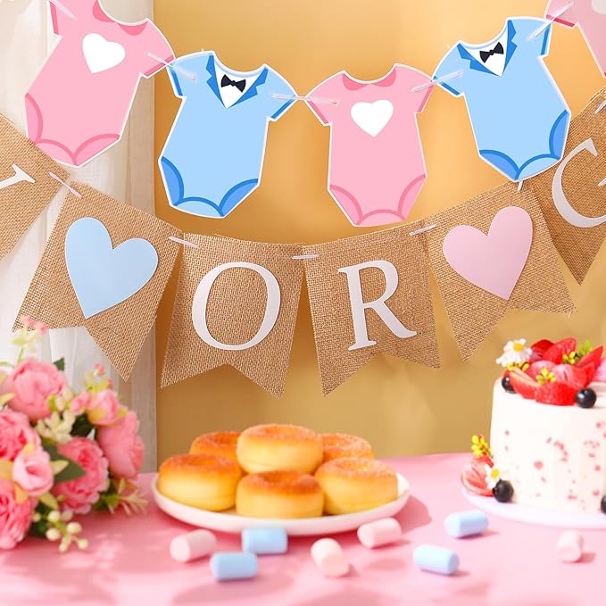 2 Pcs Gender Reveal Party Decorations Pre-Strung Boy or Girl Burlap Baby Shower Banner and Bodysuits Clothesline Garland Baby Outfit for Gender Reveal Birthday Baby Shower Party Decorations