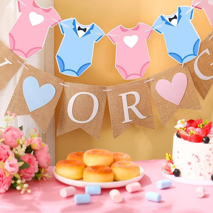 2 Pcs Gender Reveal Party Decorations Pre-Strung Boy or Girl Burlap Baby Shower Banner and Bodysuits Clothesline Garland Baby Outfit for Gender Reveal Birthday Baby Shower Party Decorations