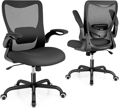 Office Chair, Ergonomic Desk Chair with Adjustable Lumbar Support and Flip up Armrest, Breathable Mesh Computer Chair for Home Office, Black