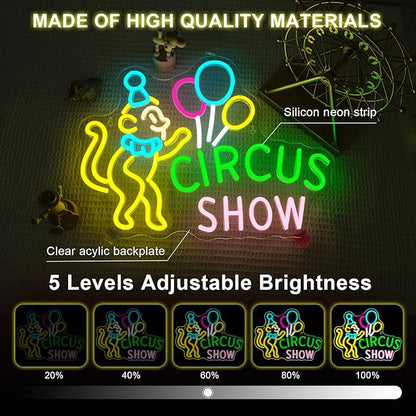 Lucunstar Monkey Neon Sign LED Circus Sign with Clown and Balloons for Theme Park LED Carnival Decor for Play Restaurant College Room Neon Light Animal Gifts for Circus Fans Teens